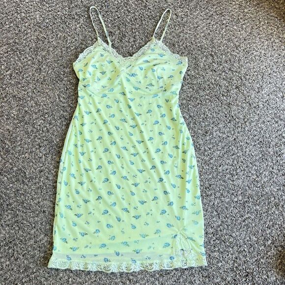 Wild Fable Coquette Fairy Mesh Green Floral Lace Trim Slip Mini Dress Y2K M New - Picture 2 of 8